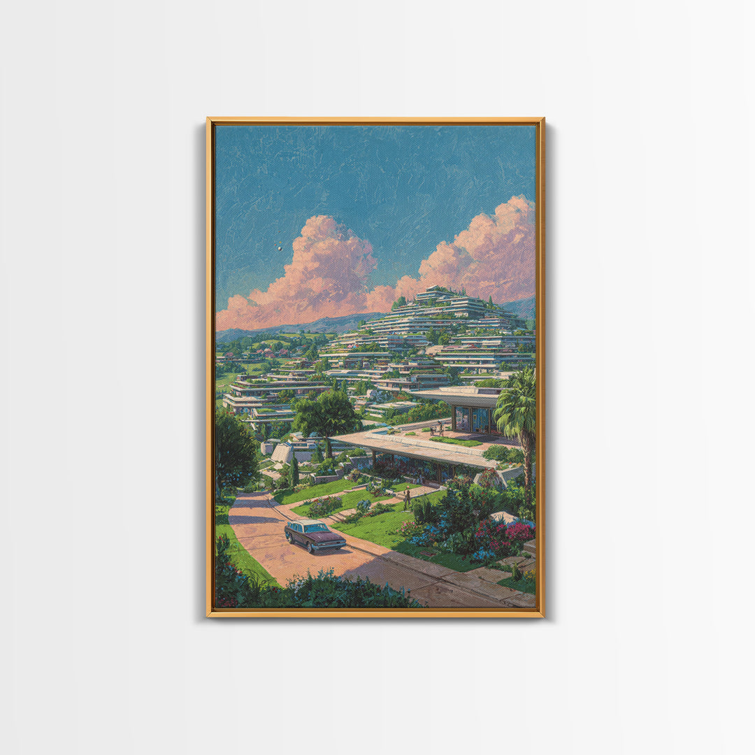 Terraced Hillside Utopia With Pink Clouds Wall Art, Midcentury Modern Architecture Poster, Colorful Landscape Home Decor
