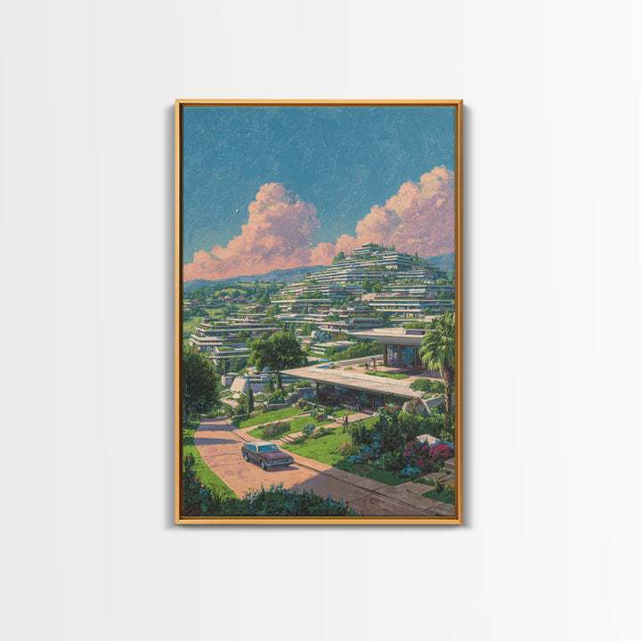 Terraced Hillside Utopia With Pink Clouds Wall Art, Midcentury Modern Architecture Poster, Colorful Landscape Home Decor