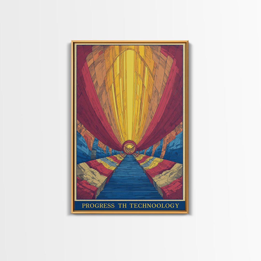 Glowing Futurist Technology Tunnel Wall Art, Retro Sci Fi Poster, Modern Abstract Art Print, Colorful Geometric Home Decor