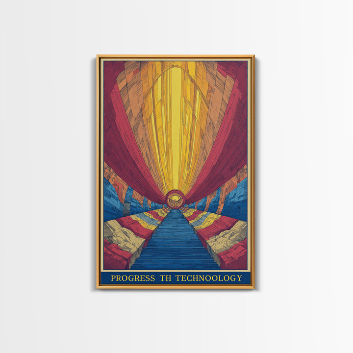 Glowing Futurist Technology Tunnel Wall Art, Retro Sci Fi Poster, Modern Abstract Art Print, Colorful Geometric Home Decor