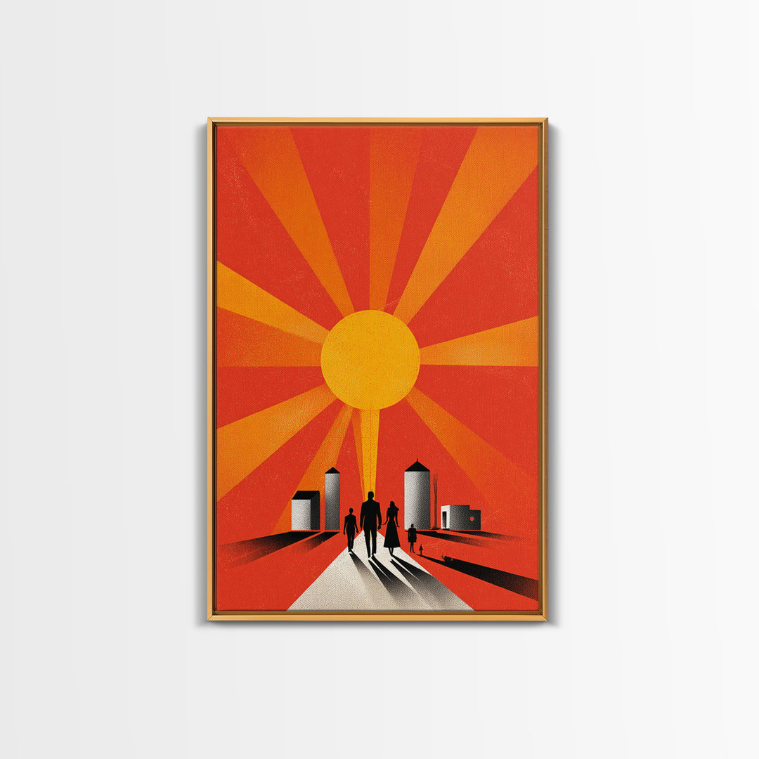 Family Silhouettes Walking Toward Sun Wall Art, Midcentury Modern Poster, Orange Retro Abstract Print, Inspirational Decor