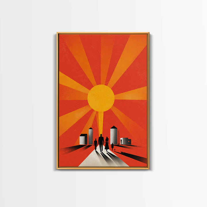 Family Silhouettes Walking Toward Sun Wall Art, Midcentury Modern Poster, Orange Retro Abstract Print, Inspirational Decor