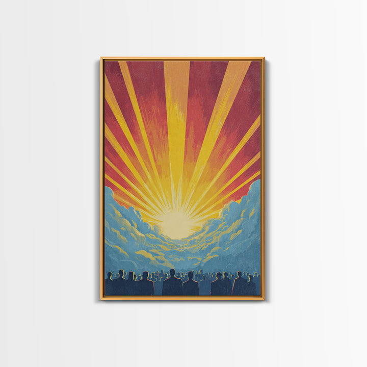 Radiant Sunrise Over Crowd Silhouette Canvas Print, Retro Sci Fi Wall Art, Inspirational Sun Poster, Colorful Home Decor