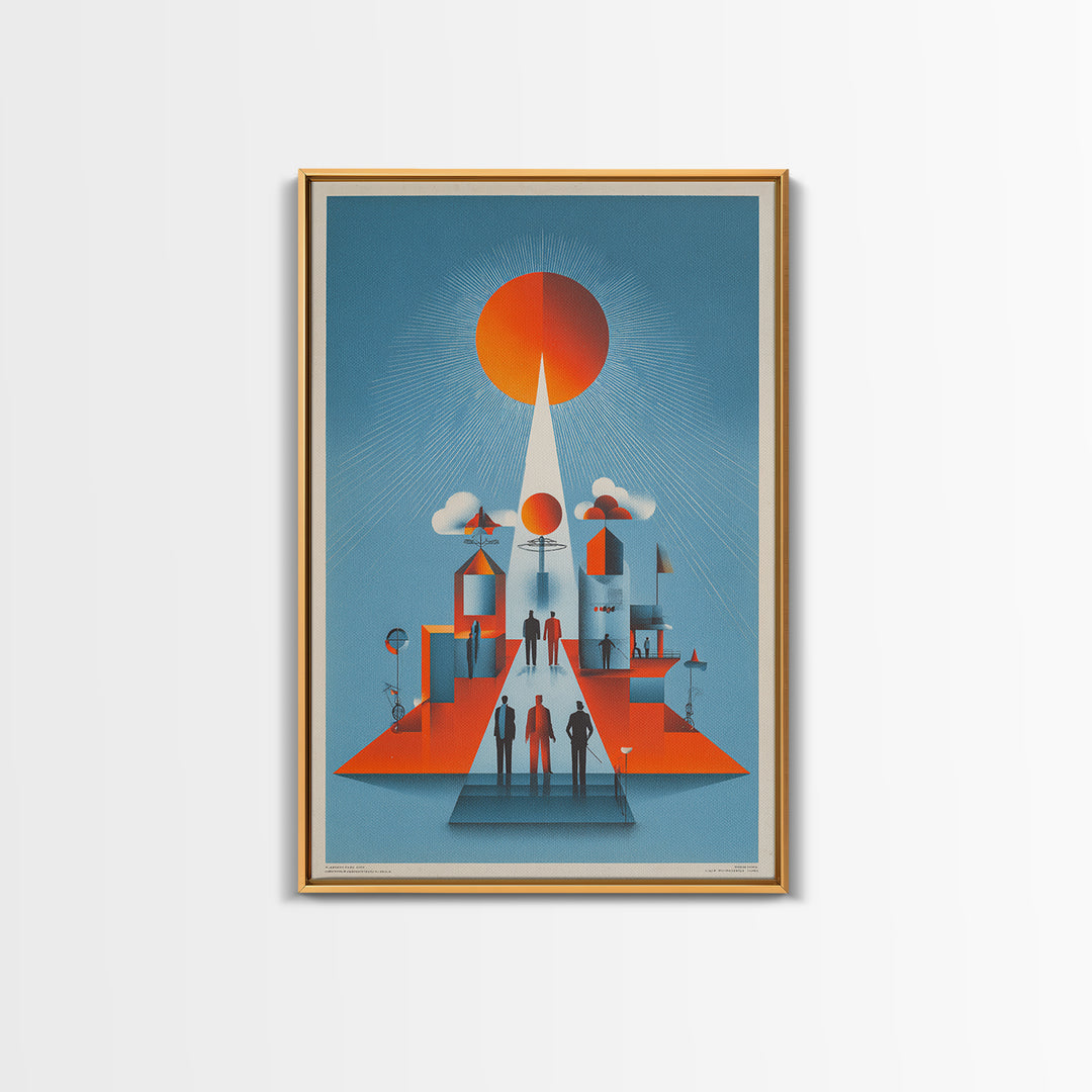 Futuristic Orange Sun City Wall Art, Midcentury Modern Art Print, Retro Geometric Poster, MCM Living Room Decor, Bold Blue Orange