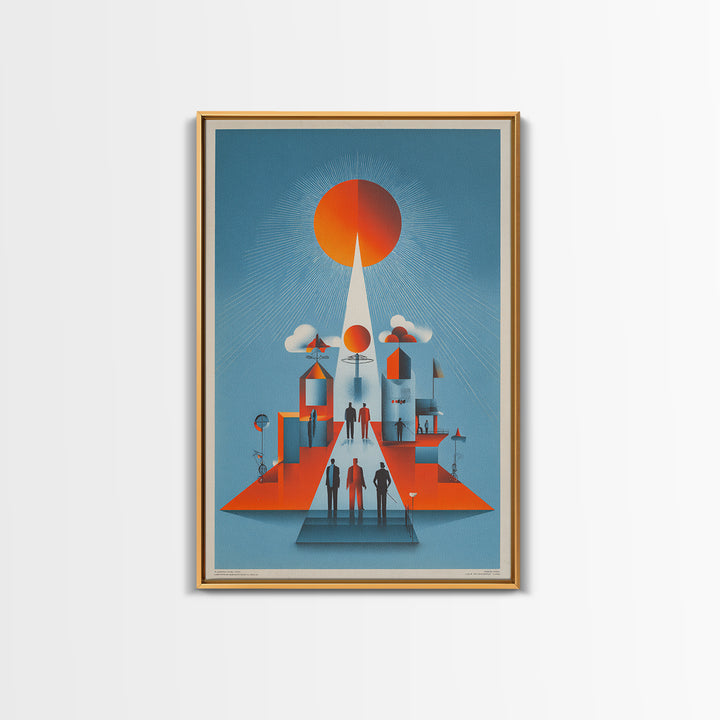 Futuristic Orange Sun City Wall Art, Midcentury Modern Art Print, Retro Geometric Poster, MCM Living Room Decor, Bold Blue Orange