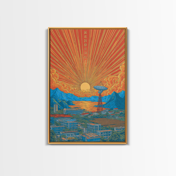 Japanese Sunrise Mountain Valley Canvas Print, Retro Travel Poster, Orange Blue Landscape Wall Decor, Midcentury Modern Art
