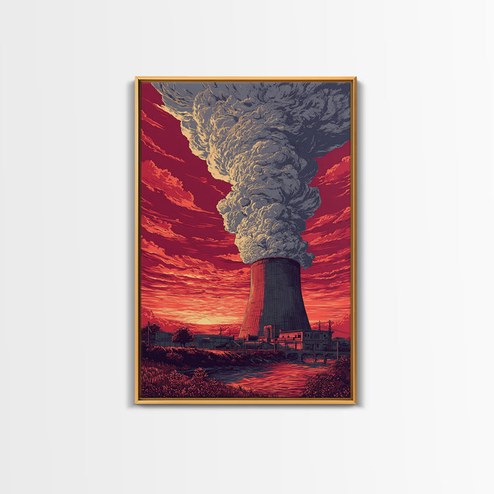 Dramatic Nuclear Cooling Tower Wall Art, Red Sunset Industrial Poster, Retro Sci Fi Landscape Print, Statement Home Decor