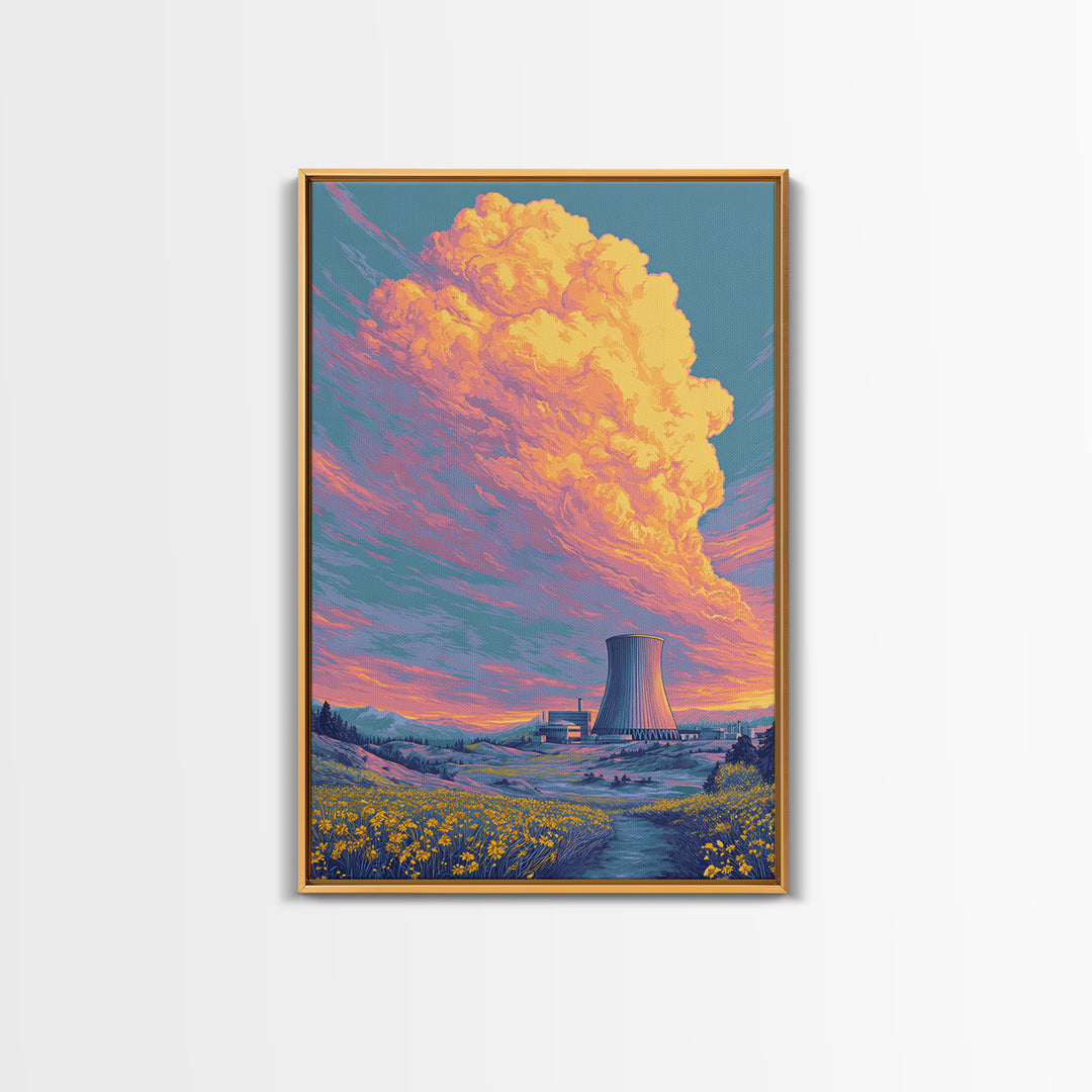 Pastel Nuclear Plant With Flower Field Wall Art, Scenic Landscape Poster, Colorful Modern Home Decor, Retro Art Print, Gift