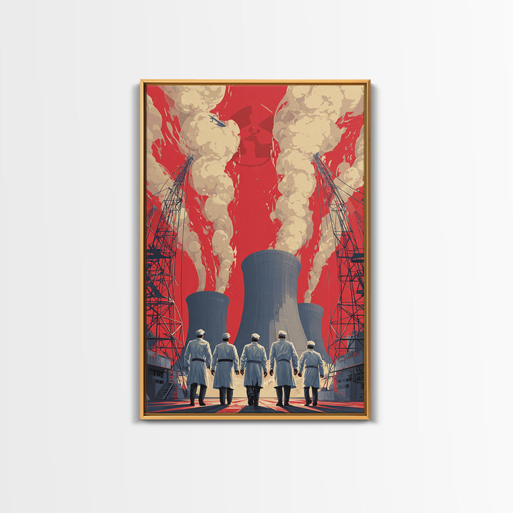 Nuclear Plant Workers Under Red Sky Framed Canvas Print, Industrial Wall Art, Retro Sci Fi Poster, Bold Statement Home Decor