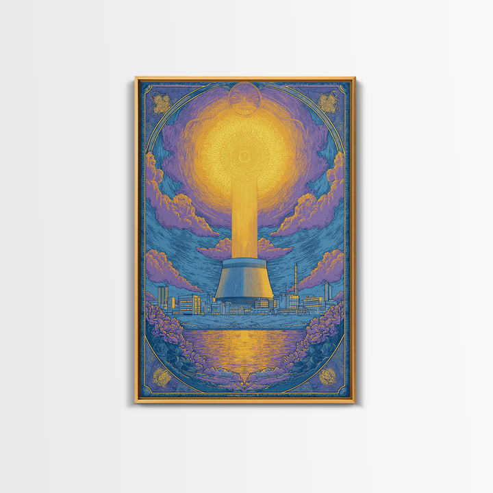 Ornate Radiant Nuclear Tower Wall Art, Art Nouveau Industrial Poster, Blue Gold Scenic Print, Spiritual Modern Statement Decor