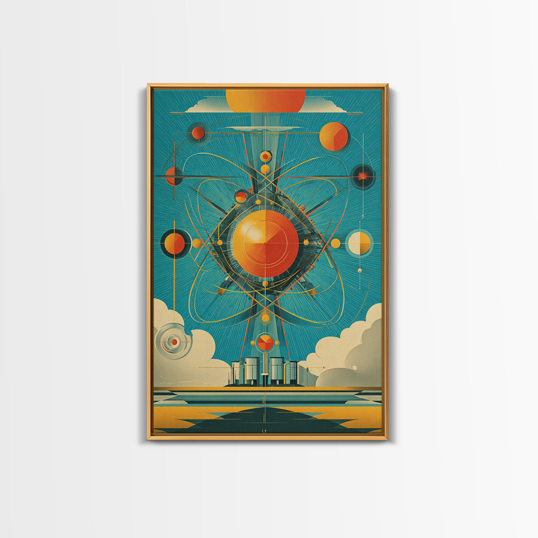 Atomic Orange Sun Orbit Wall Art, Midcentury Modern Abstract Space Poster, Teal Retro Geometric Decor, MCM Canvas Gift, Home Decor