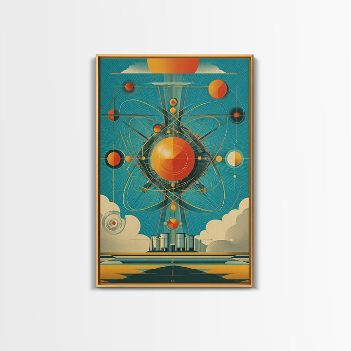 Atomic Orange Sun Orbit Wall Art, Midcentury Modern Abstract Space Poster, Teal Retro Geometric Decor, MCM Canvas Gift, Home Decor