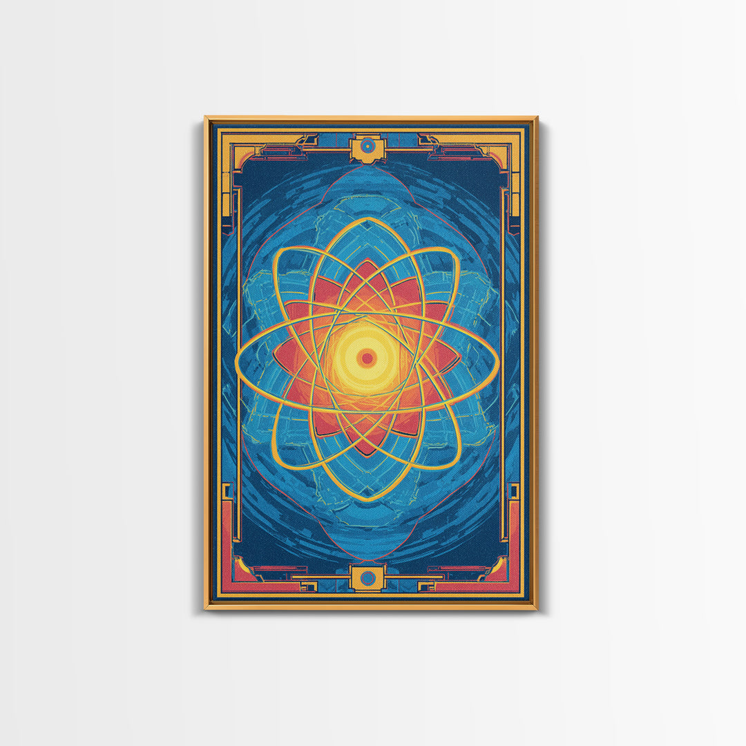 Radiant Atomic Mandala Framed Canvas Print, Midcentury Modern Art, Blue Geometric Wall Decor, Retro Sci Fi Home Poster Gift