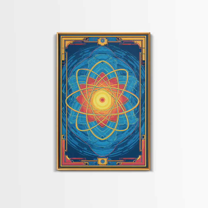 Radiant Atomic Mandala Framed Canvas Print, Midcentury Modern Art, Blue Geometric Wall Decor, Retro Sci Fi Home Poster Gift