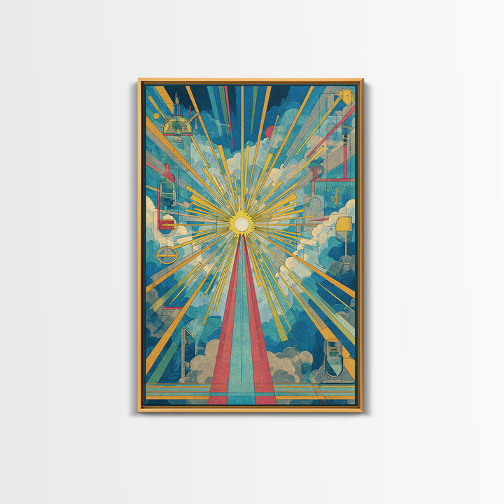 Radiant Cloud Cathedral Canvas Print, Midcentury Modern Sun Rays Poster, Colorful Geometric Sky Wall Art, Retro Home Decor