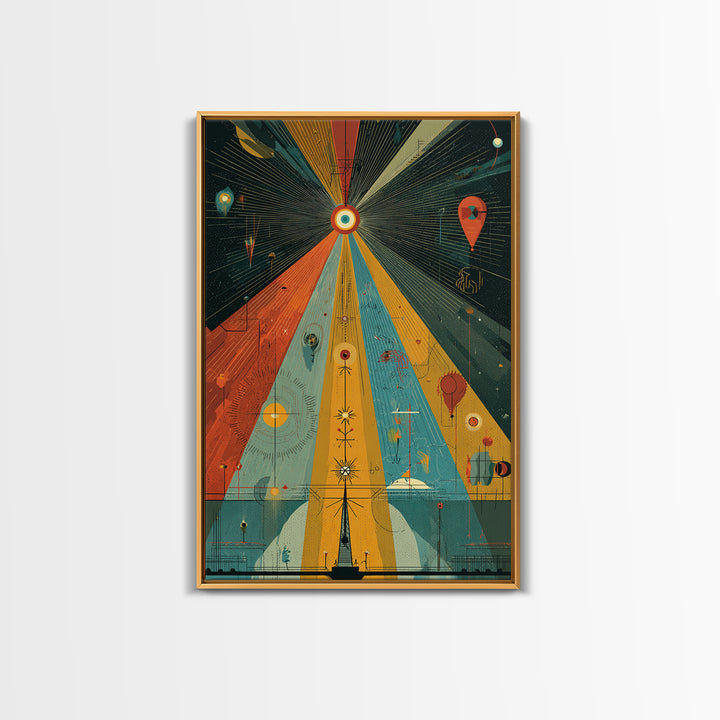 Prismatic Cosmic Beams Wall Art, Midcentury Modern Abstract Space Poster, Retro Geometric Sci Fi Decor, Colorful MCM Print