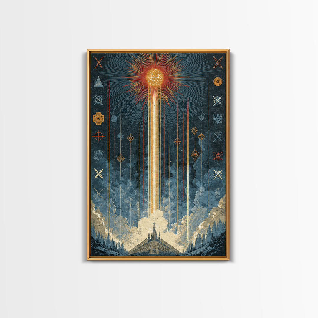 Mystic Rocket Launch Wall Art, Midcentury Modern Space Poster, Celestial Sunburst Landscape, Retro Sci Fi Office Decor Print