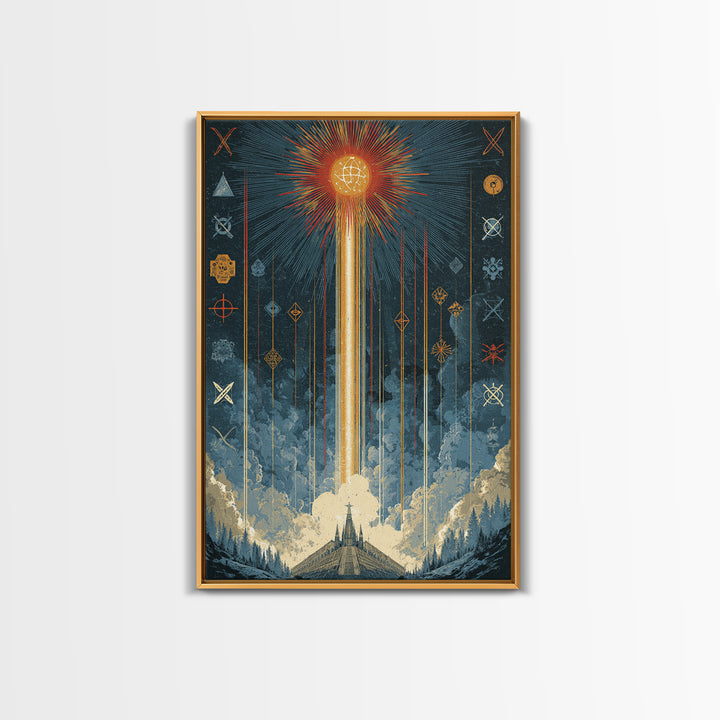 Mystic Rocket Launch Wall Art, Midcentury Modern Space Poster, Celestial Sunburst Landscape, Retro Sci Fi Office Decor Print