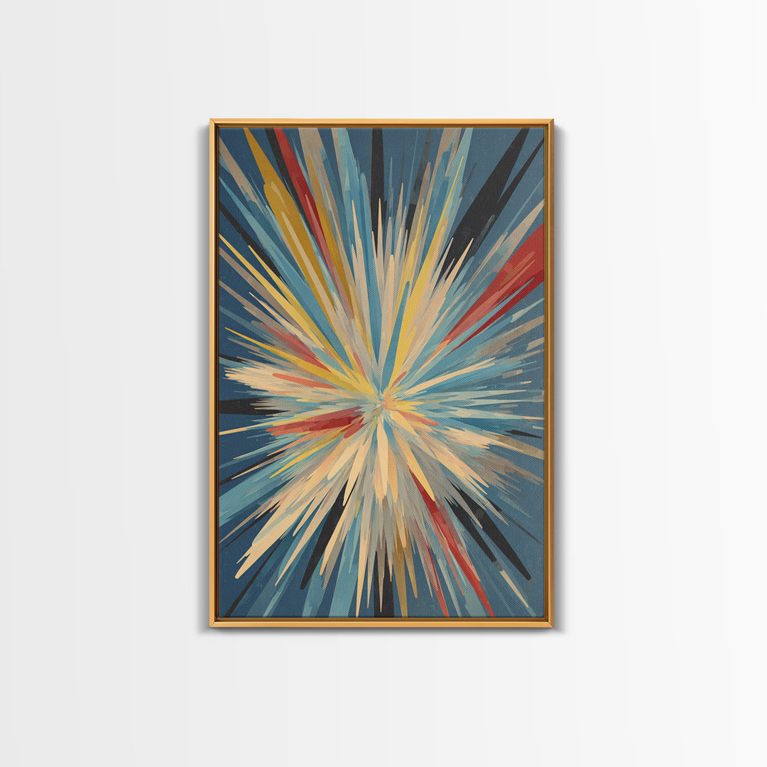 Exploding Abstract Starburst Canvas Print, Modern Wall Art, Colorful Geometric Poster, Blue Red Yellow Midcentury Decor Gift
