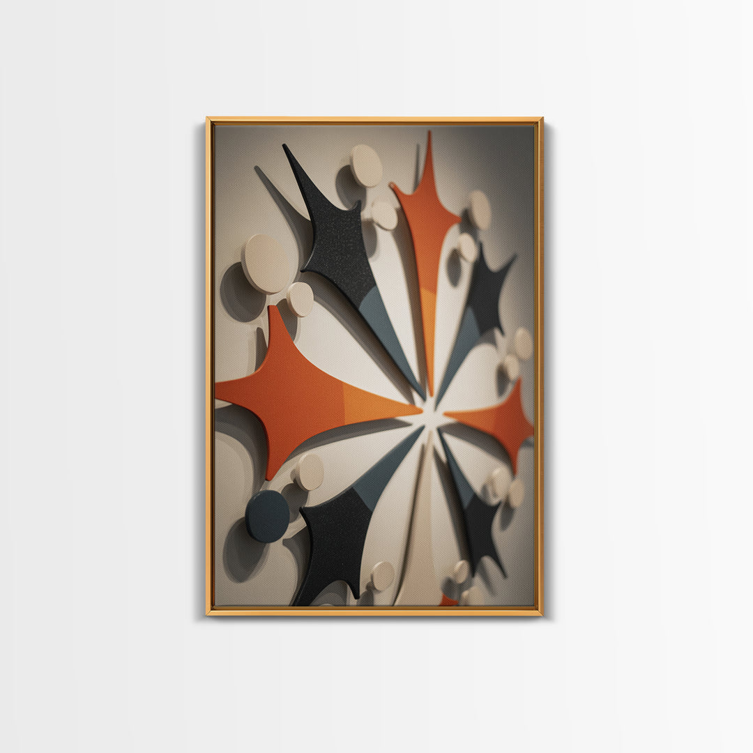 Orange Black Atomic Boomerang Wall Art, Midcentury Modern Decor, Geometric Retro Sculpture Canvas Print, MCM Gallery Poster