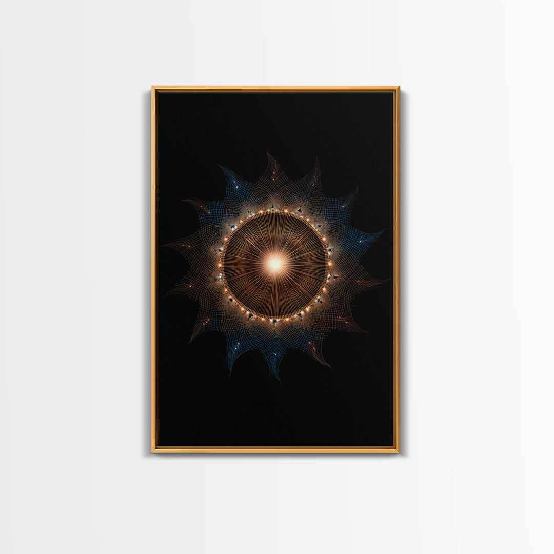 Glowing Eclipse Mandala Wall Art, Modern Abstract Art Print, Cosmic Geometric MCM Decor, Orange Blue Framed Canvas Print