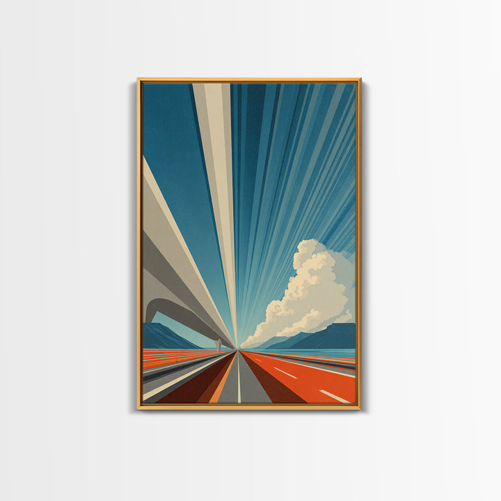 Orange Coastal Highway Perspective Canvas Print, Retro Modern Poster, Architectural Art, Blue Wall Art, Travel Office Decor