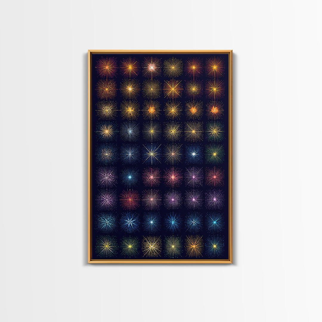 Glowing Starburst Fireworks Grid Wall Art, Midcentury Modern Art Print, Atomic Retro Poster, Dark Navy Living Room Decor