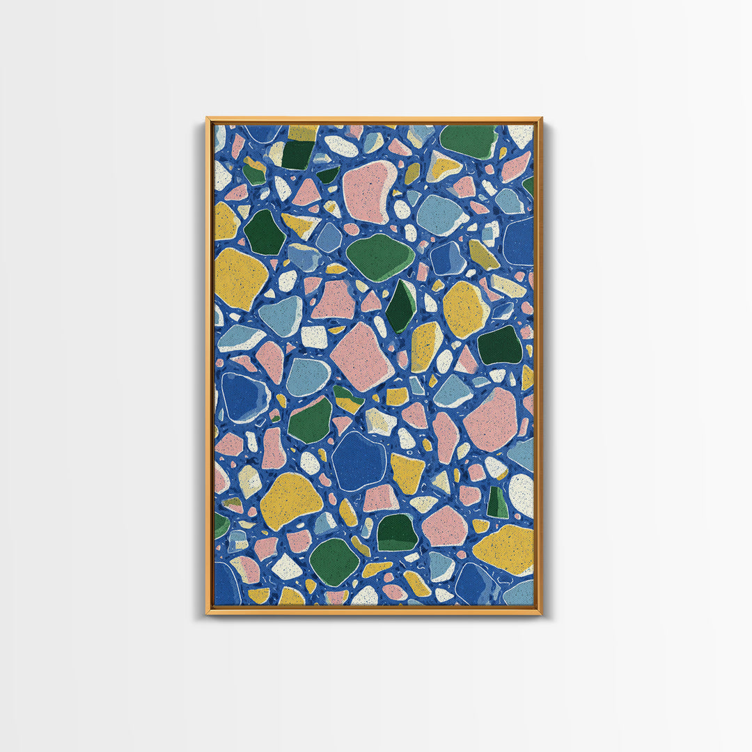 Blue Pebble Terrazzo Mosaic Pattern Canvas Print, Midcentury Modern Wall Art, Colorful Abstract Geometric Home Decor Poster Gift