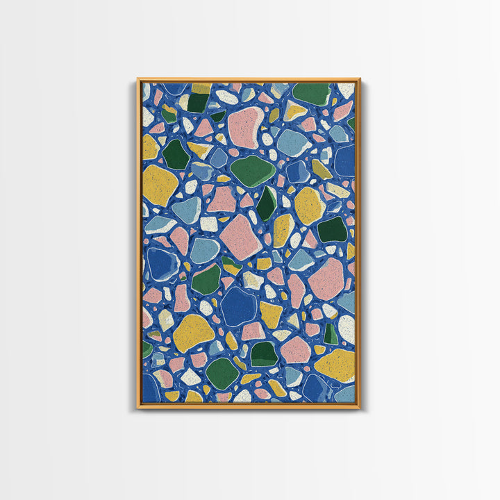 Blue Pebble Terrazzo Mosaic Pattern Canvas Print, Midcentury Modern Wall Art, Colorful Abstract Geometric Home Decor Poster Gift