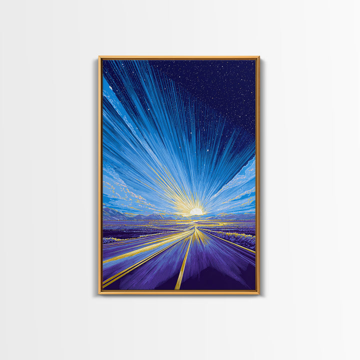 Radiant Starry Sunrise Road Wall Art, Modern Digital Art, Retro Sci Fi Poster, Blue Landscape Print, Large Living Room Decor