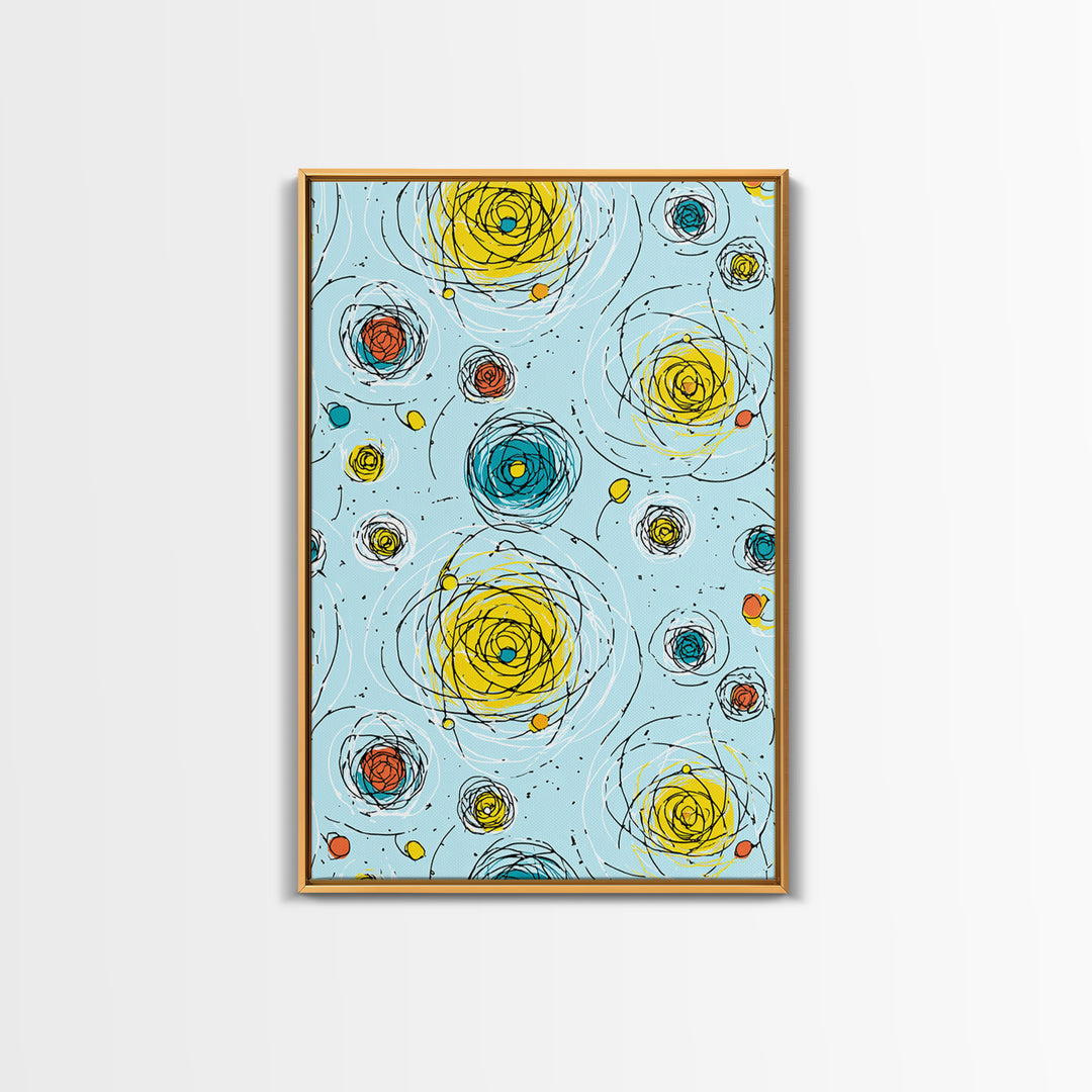 Scribble Spiral Circles On Sky Blue Wall Art, Midcentury Modern Abstract Print, Playful Colorful Geometric Office Home Decor