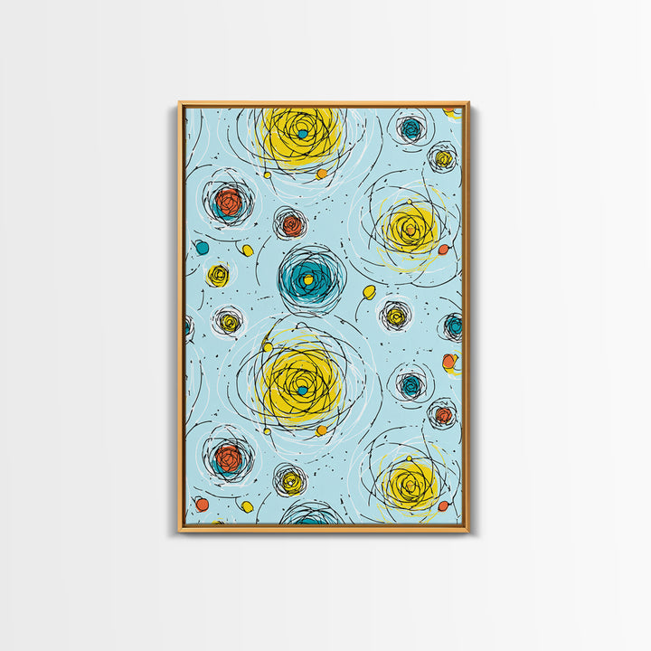 Scribble Spiral Circles On Sky Blue Wall Art, Midcentury Modern Abstract Print, Playful Colorful Geometric Office Home Decor