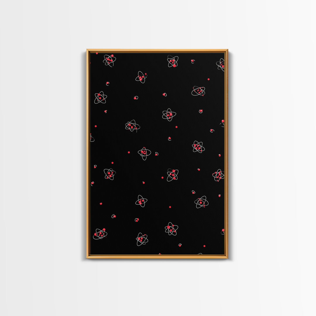 Tiny Red Atomic Dots On Black Canvas Print, Midcentury Modern Art, Retro Science Poster, Space Abstract Wall Decor, MCM Gift