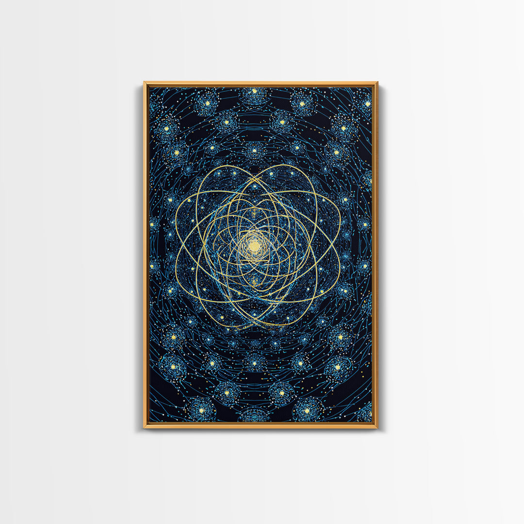 Blue Gold Cosmic Atom Mandala Wall Art, Midcentury Modern Art, Space Abstract Art, Geometric Wall Decor For Home Office, MCM Print