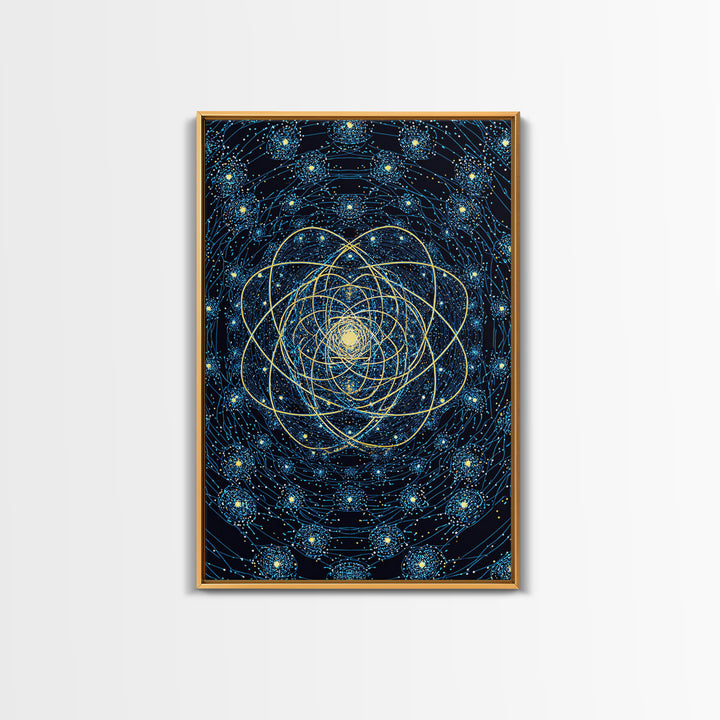 Blue Gold Cosmic Atom Mandala Wall Art, Midcentury Modern Art, Space Abstract Art, Geometric Wall Decor For Home Office, MCM Print