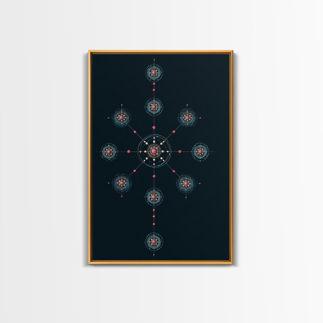 Dark Teal Atomic Molecule Diagram Framed Canvas Print, Modern Abstract Art, Midcentury Wall Art, Geometric Office Wall Decor