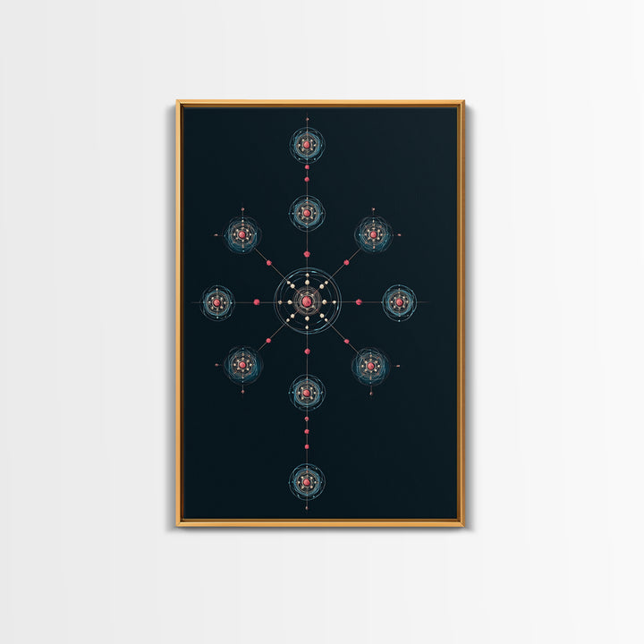 Dark Teal Atomic Molecule Diagram Framed Canvas Print, Modern Abstract Art, Midcentury Wall Art, Geometric Office Wall Decor