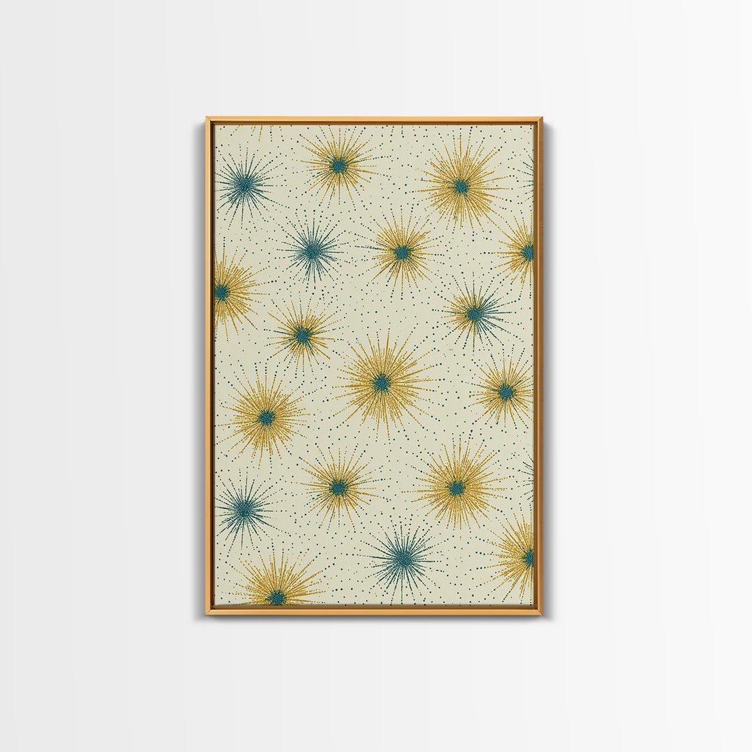 Mustard Teal Atomic Starburst Canvas Print, Midcentury Modern Art, Retro Geometric Wall Art, Scandinavian MCM Decor Gift