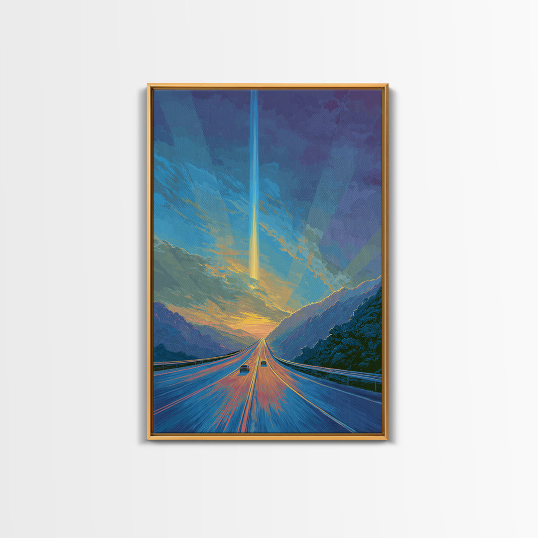 Mountain Highway Sunset Beam Canvas Print, Scenic Travel Wall Art, Modern Digital Art, Blue Orange Landscape Office Decor