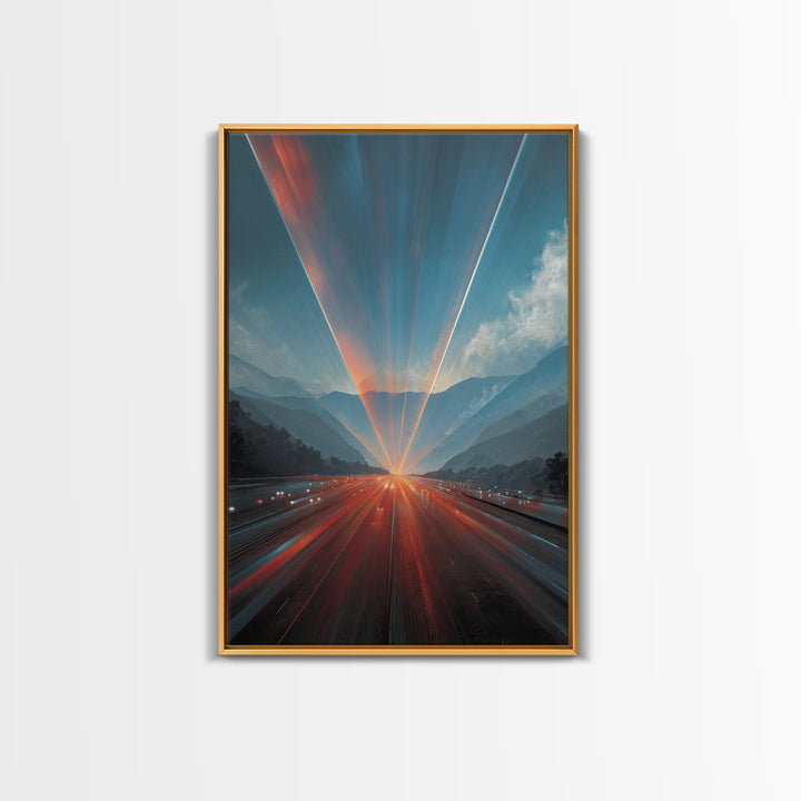 Sunrise Mountain Freeway Light Trails Wall Art, Modern Abstract Art, Scenic Travel Poster, Blue Orange Office Decor Print