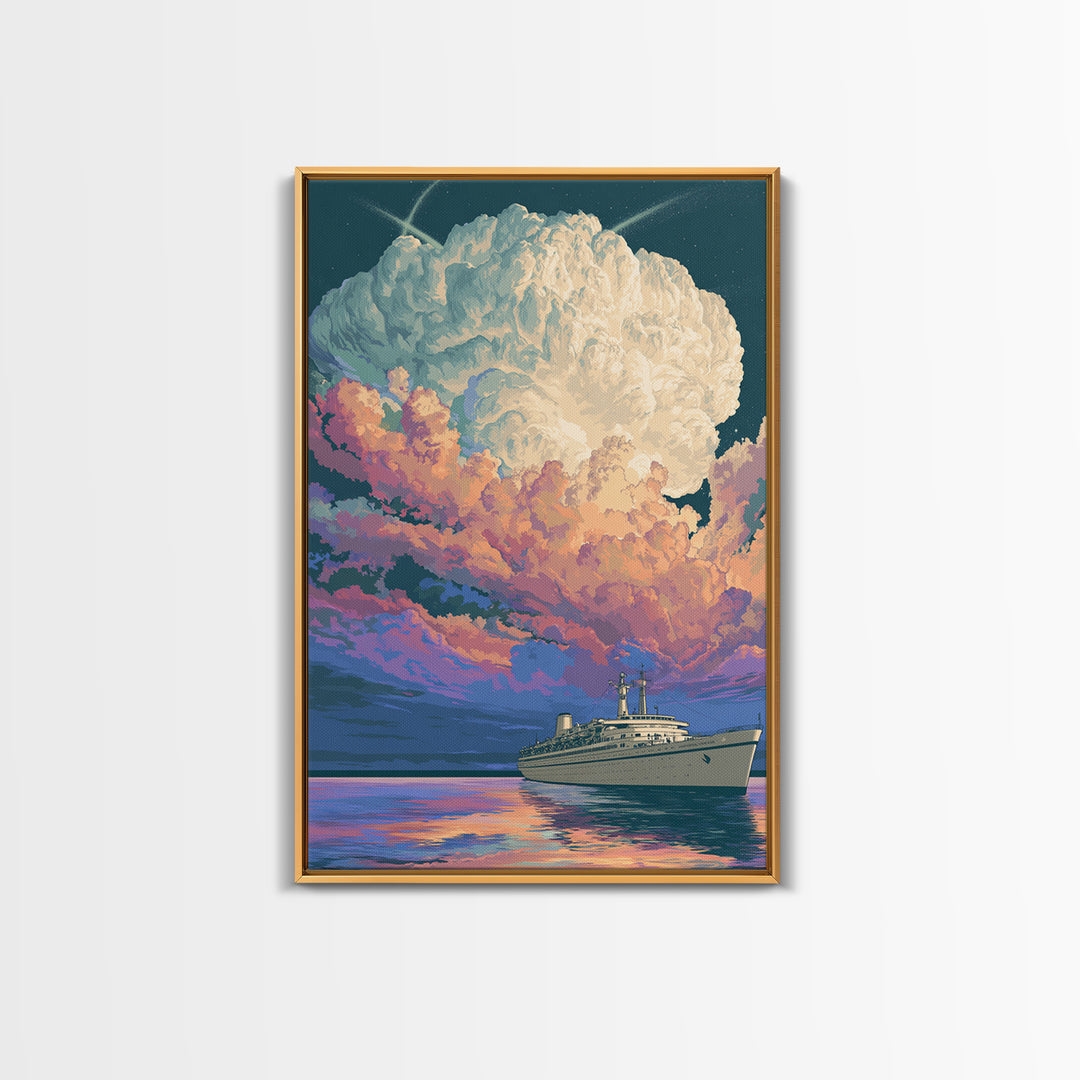 Ocean Liner Under Pastel Cloudscape Wall Art, Modern Art Print, Scenic Sunset Poster, Coastal Home Decor, Living Room Art