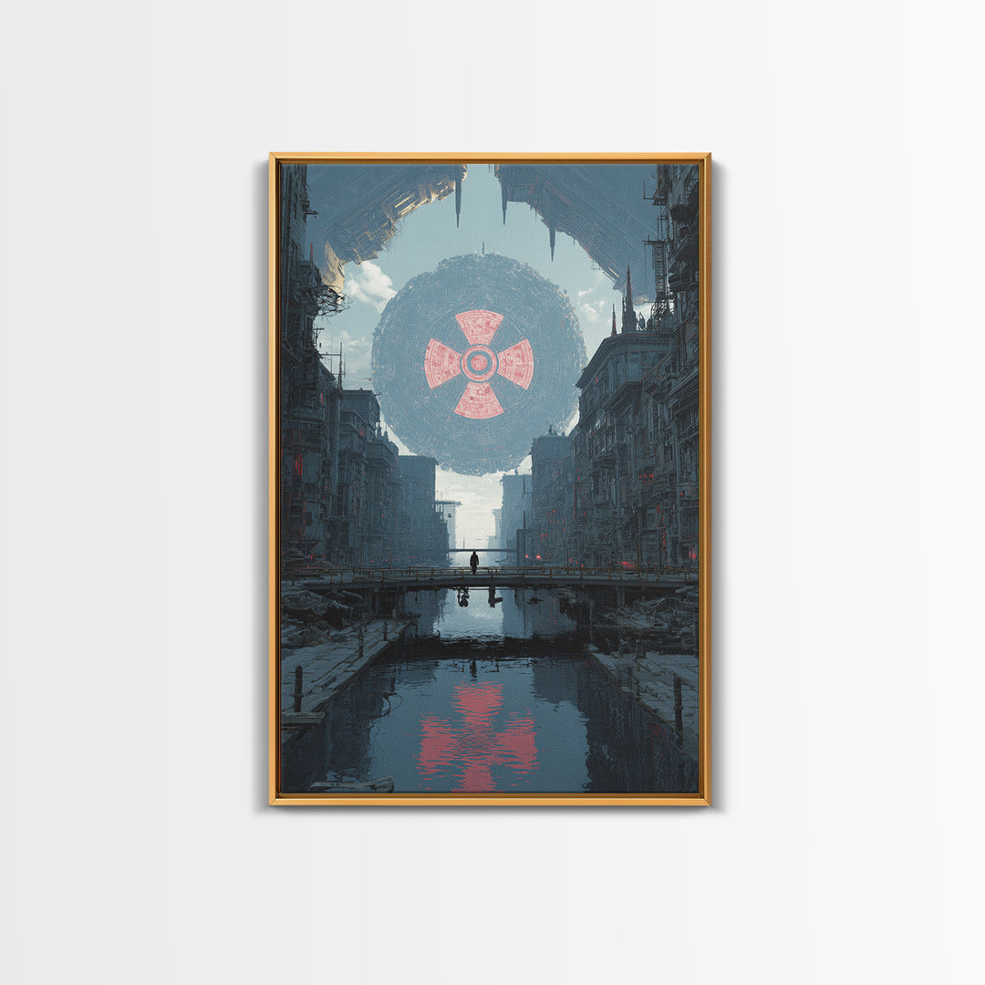 Dystopian Canal City With Giant Orb Wall Art, Modern Sci Fi Poster, Futuristic Cityscape Print, Industrial Home Decor Art