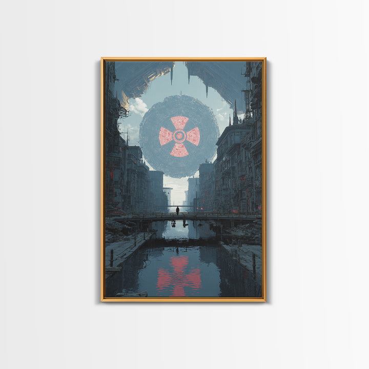 Dystopian Canal City With Giant Orb Wall Art, Modern Sci Fi Poster, Futuristic Cityscape Print, Industrial Home Decor Art
