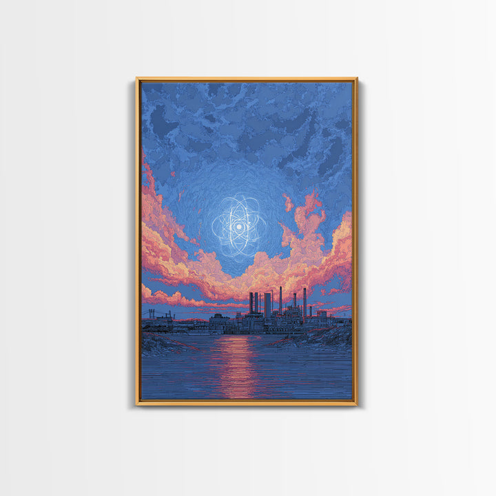 Industrial Waterfront With Atomic Pink Clouds Canvas Print, Mid Century Modern Wall Art, Retro Sci Fi Poster, Blue Wall Decor