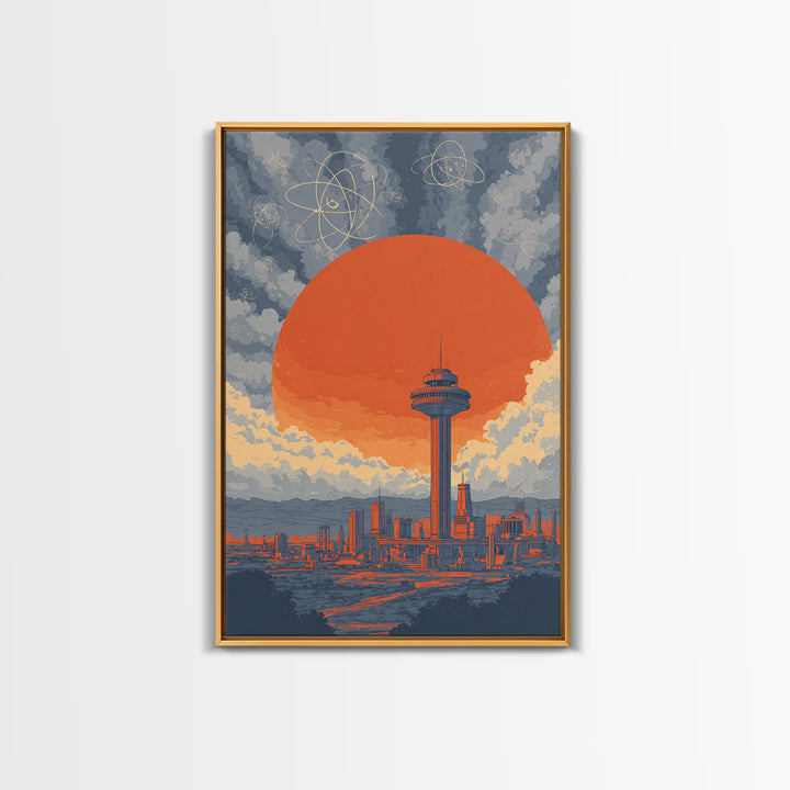 Space Needle Skyline With Orange Sun Wall Art, Mid Century Modern Print, Atomic Retro Poster, Seattle Inspired City Decor
