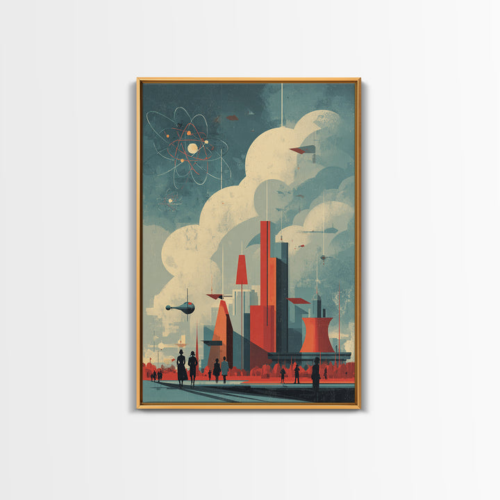 Retro Futuristic City With Red Towers Canvas Print, Mid Century Modern Wall Art, Atomic Sci Fi Poster, Geometric Home Decor