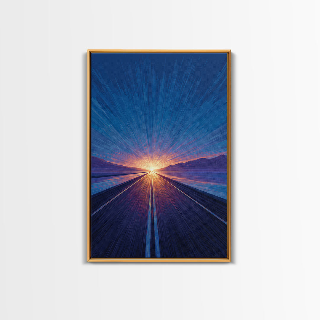 Blue Lakeside Sunset Road Canvas Print, Modern Wall Art, Scenic Travel Poster, Large Abstract Art, Bedroom Home Decor Gift