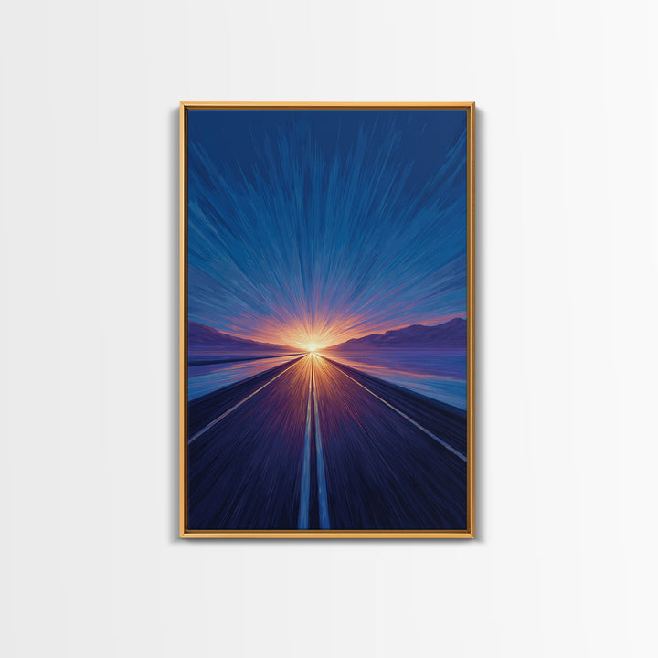 Blue Lakeside Sunset Road Canvas Print, Modern Wall Art, Scenic Travel Poster, Large Abstract Art, Bedroom Home Decor Gift
