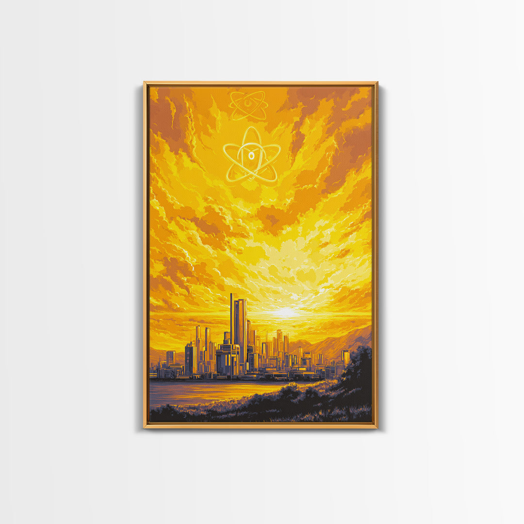 Golden Atomic Skyline At Sunset Framed Canvas Print, Mid Century Modern Wall Art, Yellow Poster, Retro Futuristic City Decor