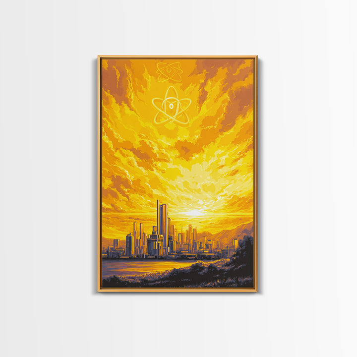 Golden Atomic Skyline At Sunset Framed Canvas Print, Mid Century Modern Wall Art, Yellow Poster, Retro Futuristic City Decor